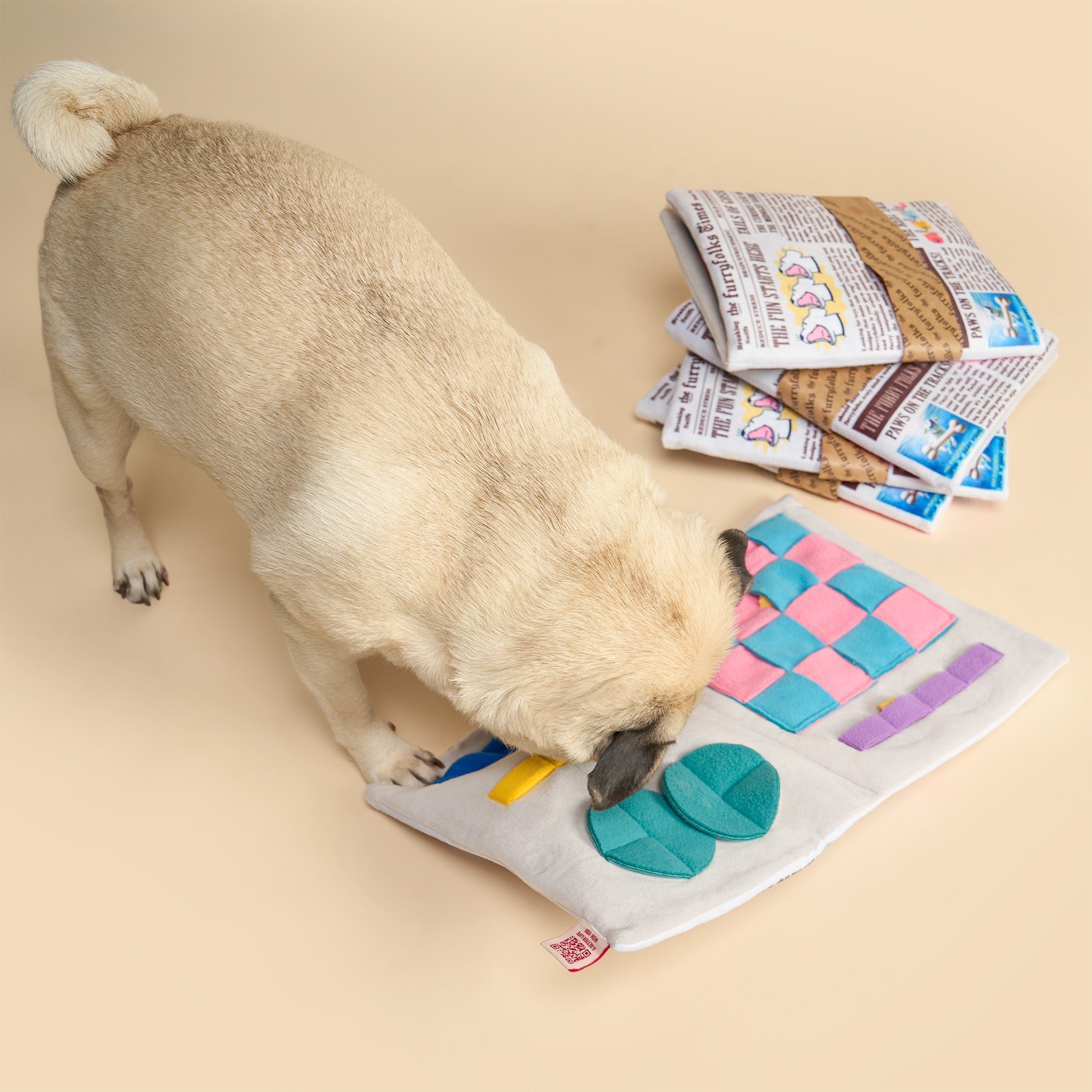 A light cream pug dog is interacting with a white fabric sensory toy featuring colorful felt shapes, while a stack of folded newspapers sits in the background on a solid beige studio backdrop.