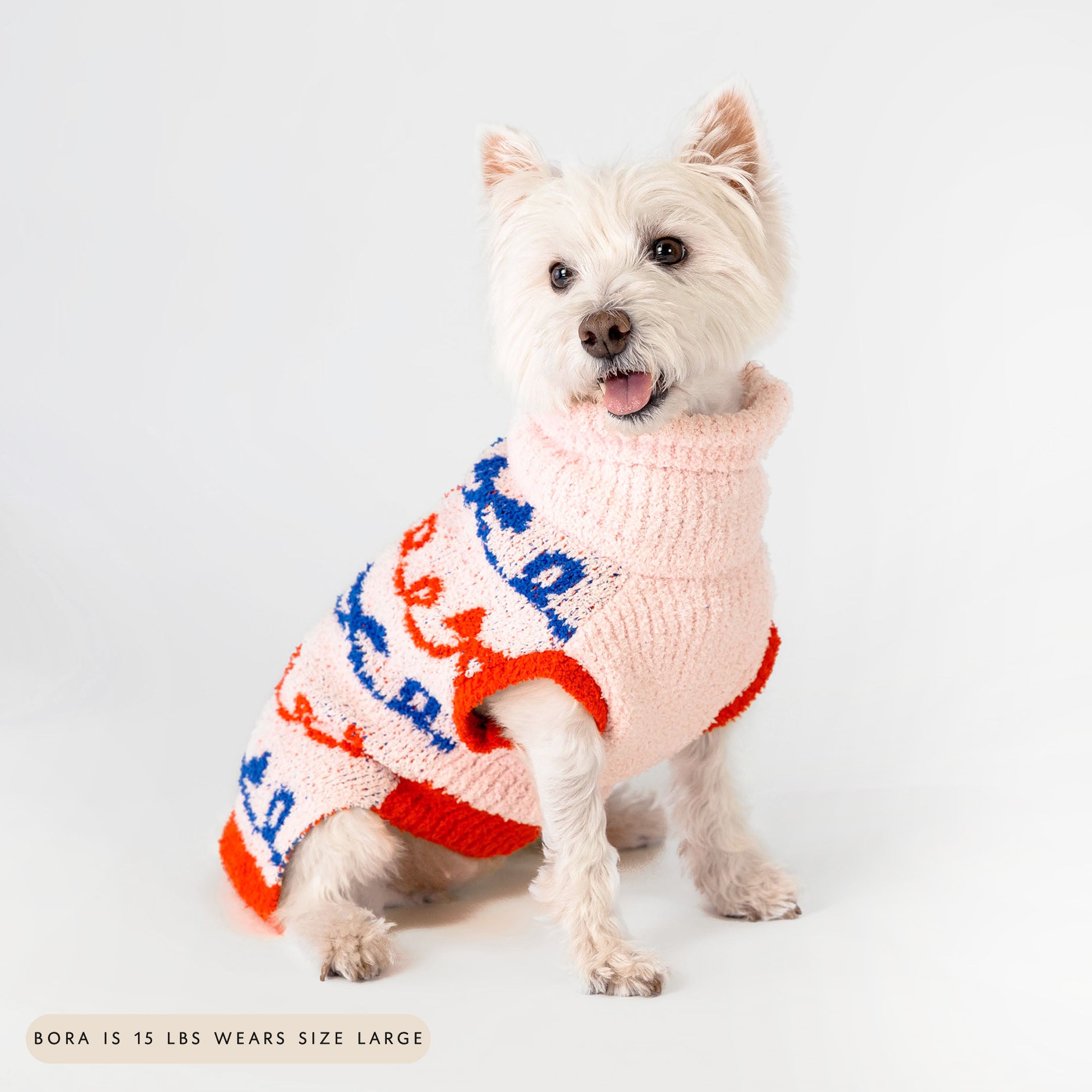 Small white dog sitting and smiling while wearing a pink knit sweater with playful red and blue bow patterns. The warm and stylish sweater adds a cheerful and cozy vibe, perfect for keeping your furry pal comfortable and cute.