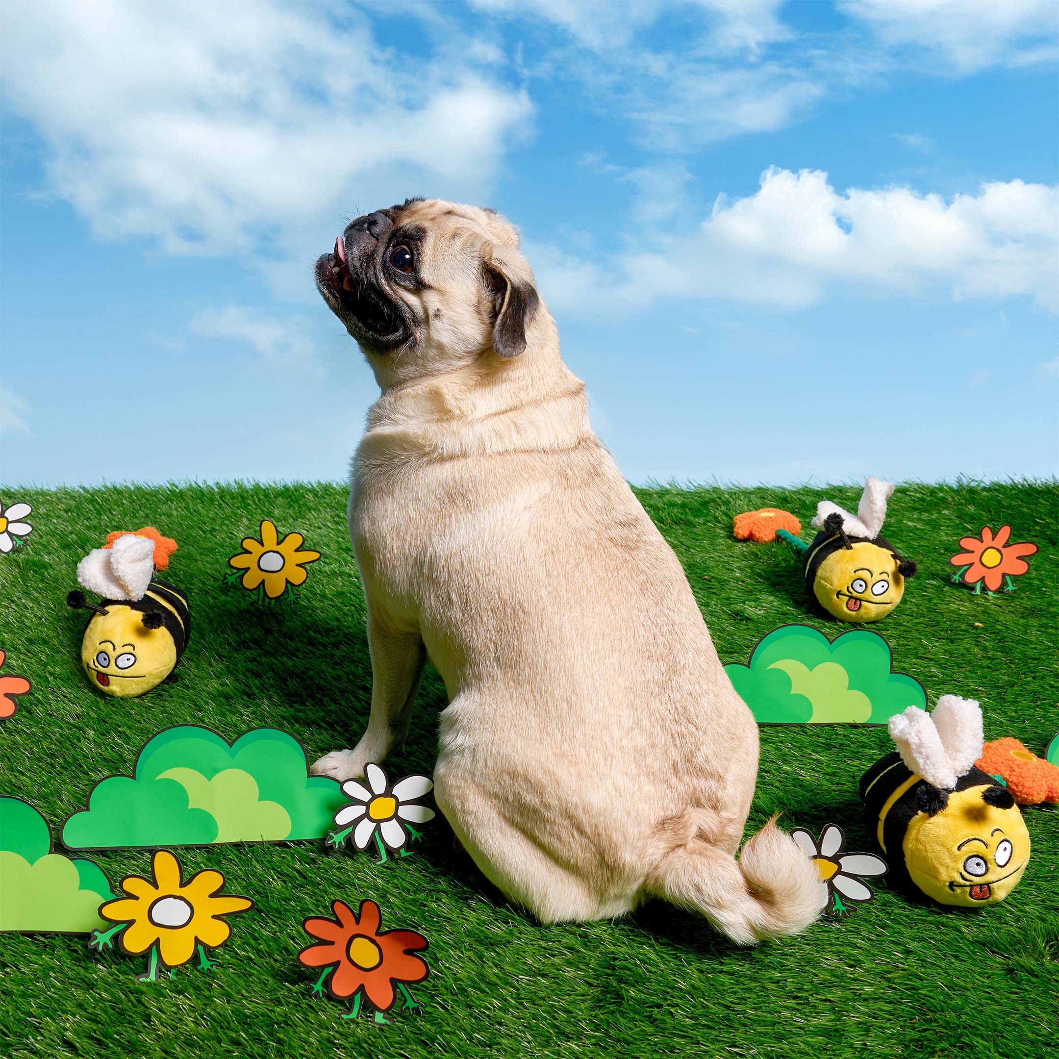 Pug dog sitting on grass with colorful bee-shaped toys and flowers in the background