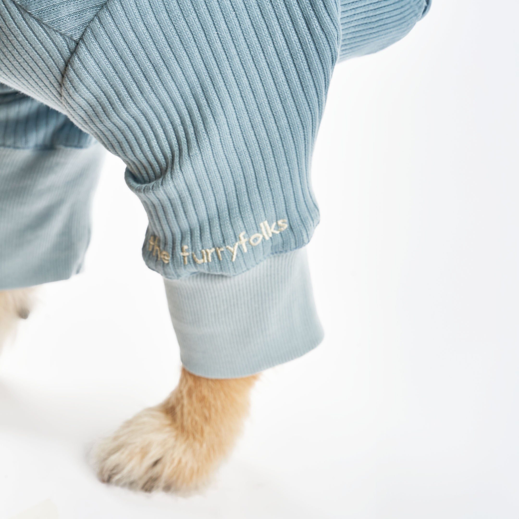 Close-up of a dog's paw in a blue ribbed dog onesie with "the furryfolks" embroidered on the cuff, showcasing brand detail.