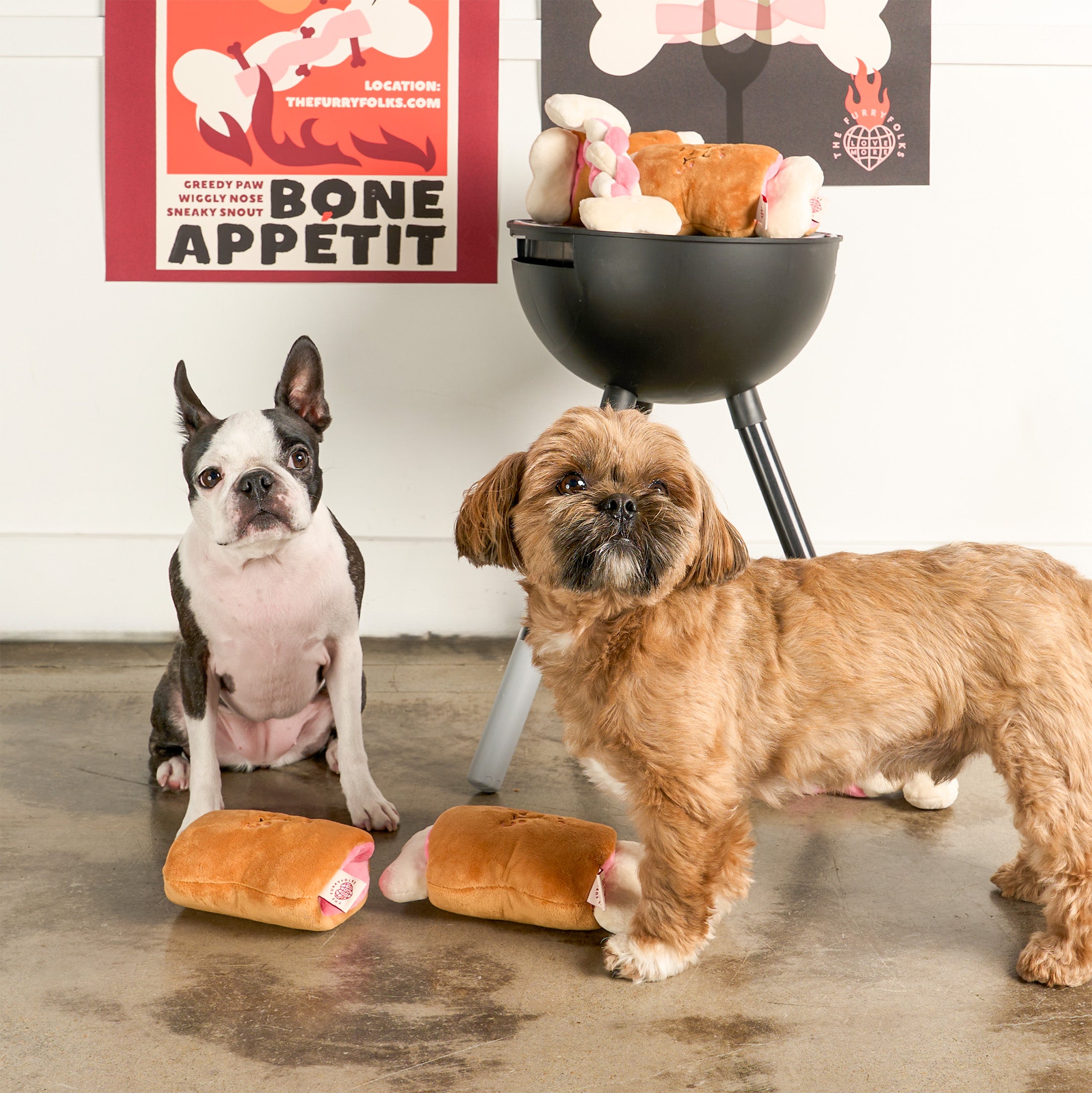 Two dogs with plush toys resembling bones in a room with posters on the wall.