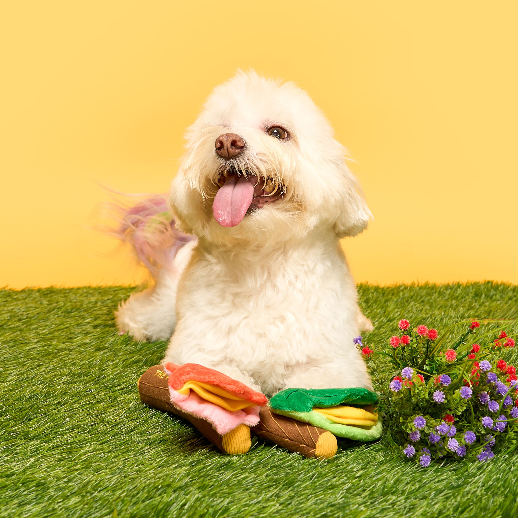 White dog with a toy resembling a hot dog on a grassy area with flowers