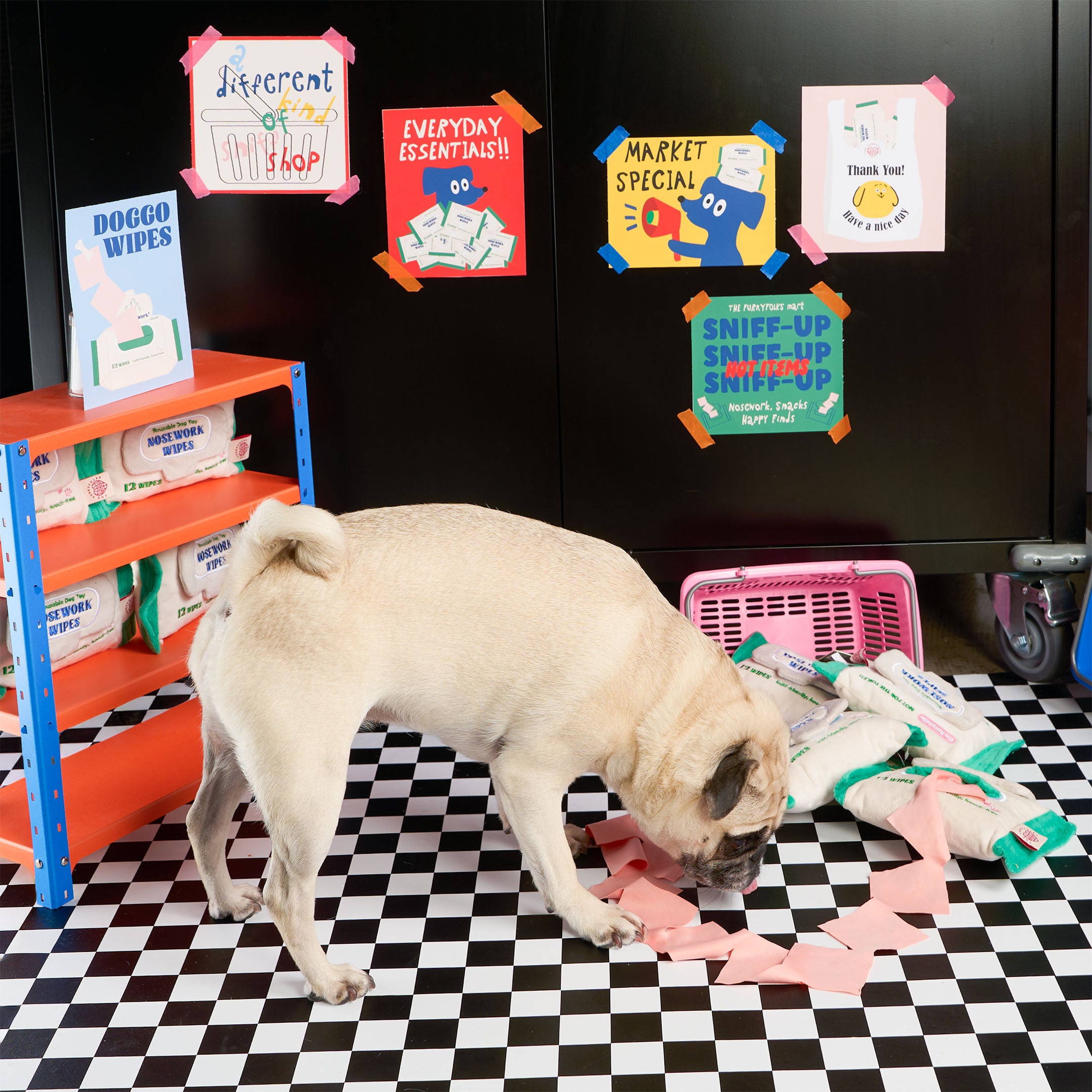 Dog playing with a toy on a checkered floor in a store setting.