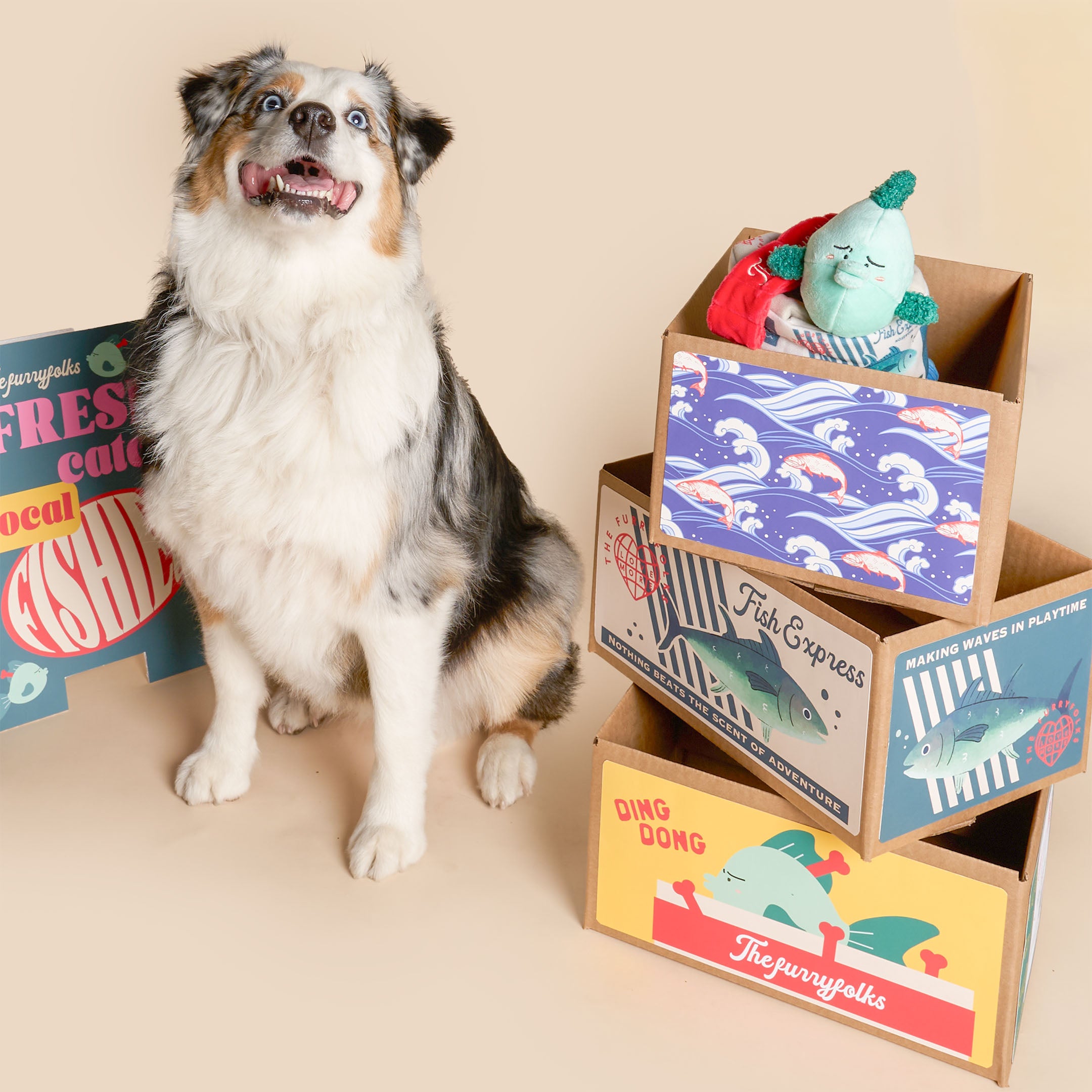 Dog sitting next to a stack of colorful cardboard boxes with toy animals inside on a beige background.