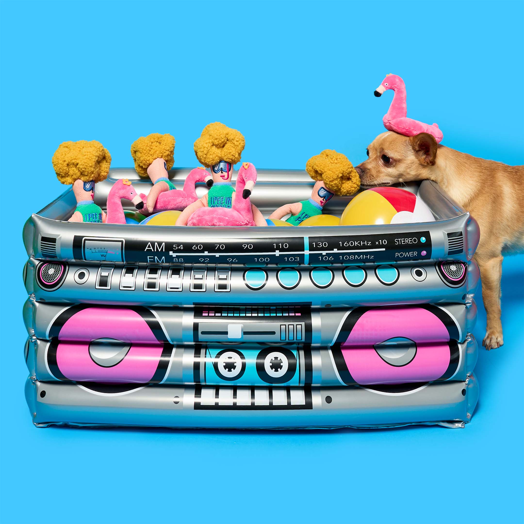 A playful scene featuring multiple Flamingo Hooman plush toys and beach balls inside a retro boombox-shaped inflatable pool, with a curious dog sniffing a toy.