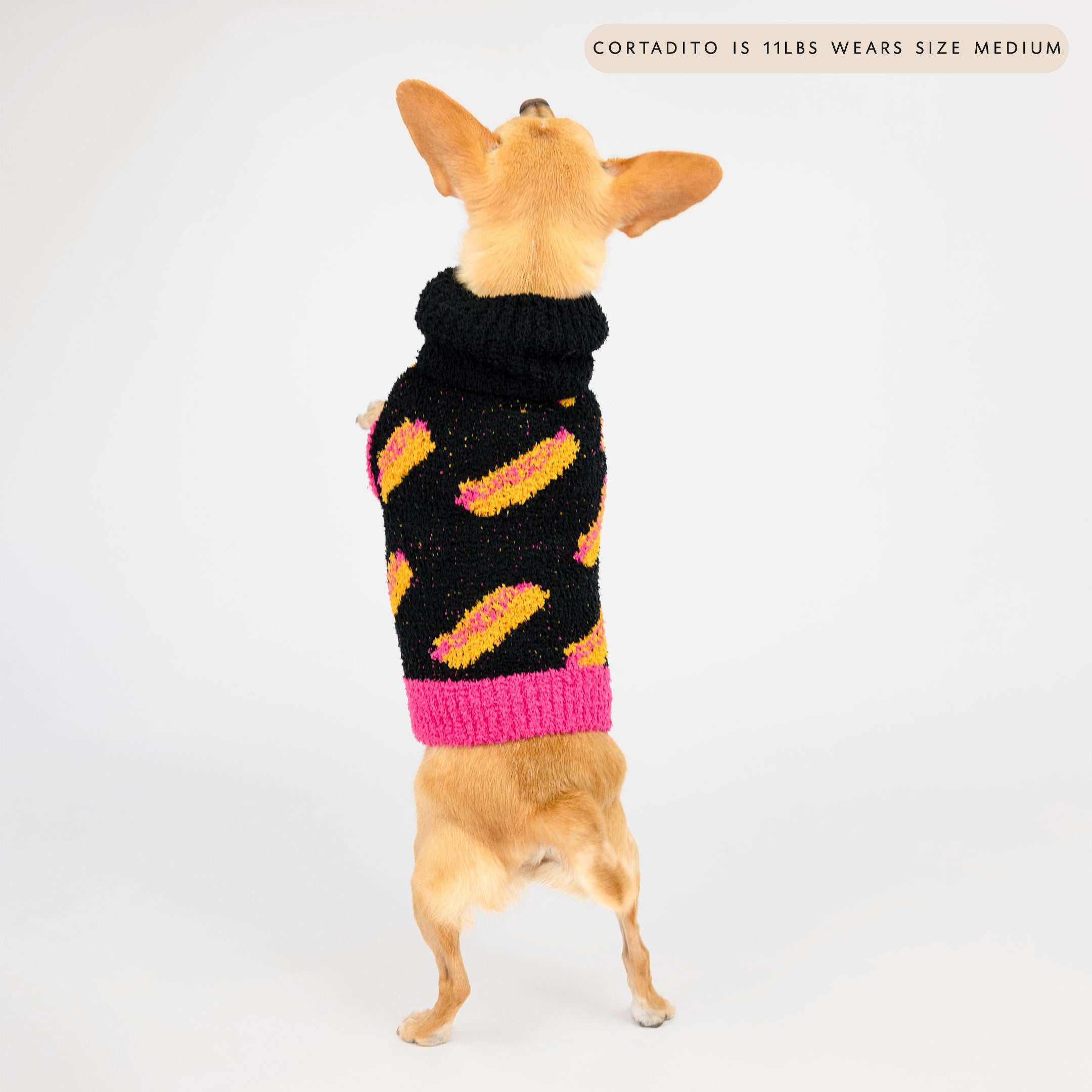 Small dog standing on hind legs, showing off a black knit sweater with bright orange and pink hot dog patterns, featuring a contrasting pink hem. The playful and cozy design adds warmth and a quirky touch, making it perfect for fashionable furry friends.