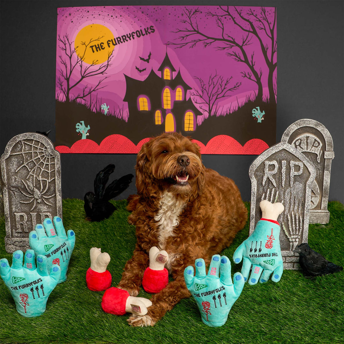 A curly brown dog surrounded by Lost Hand toys and removable bone pieces in a Halloween graveyard display.