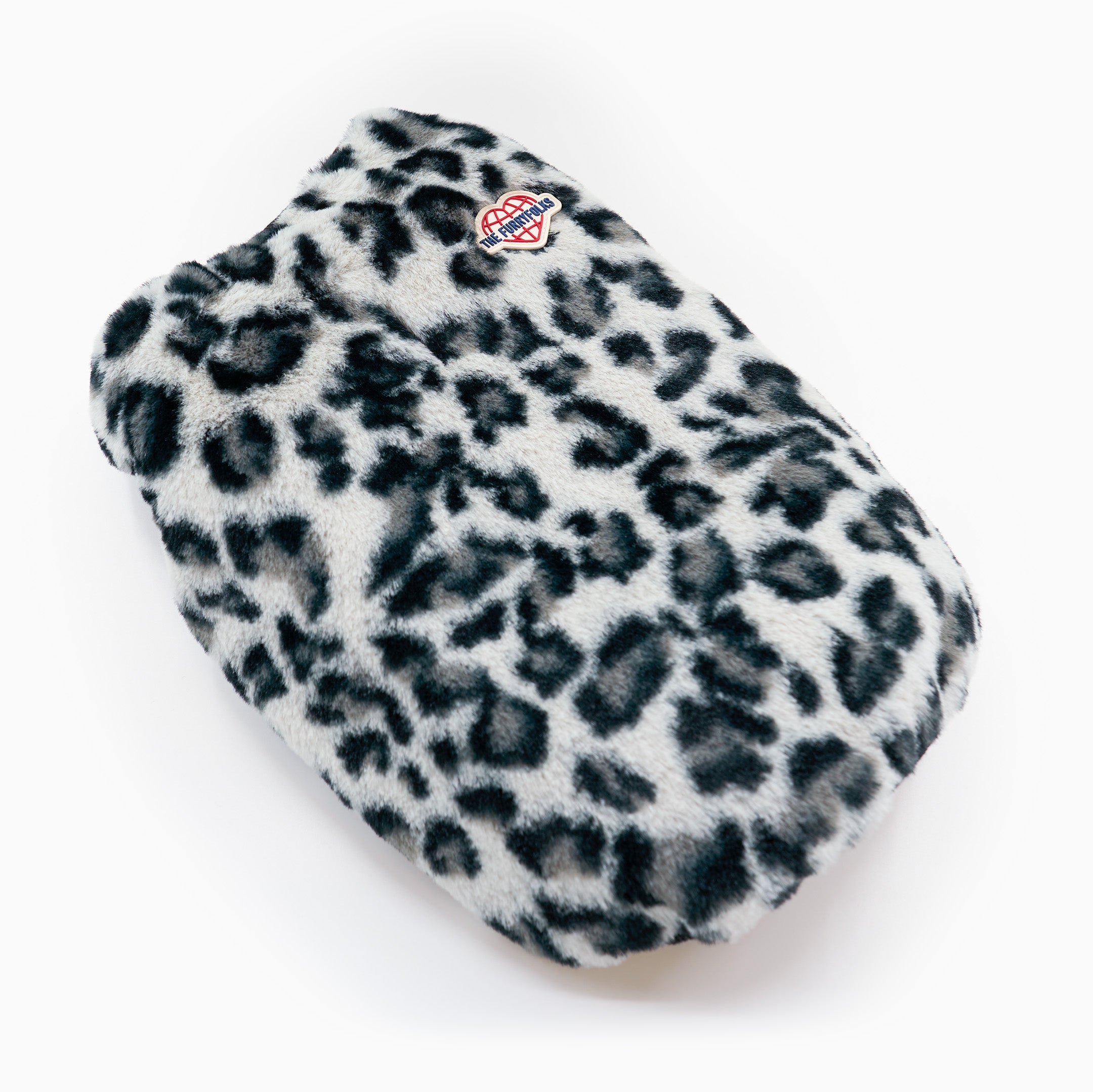 Leopard print hot water bottle cover with Dickies logo on a white background