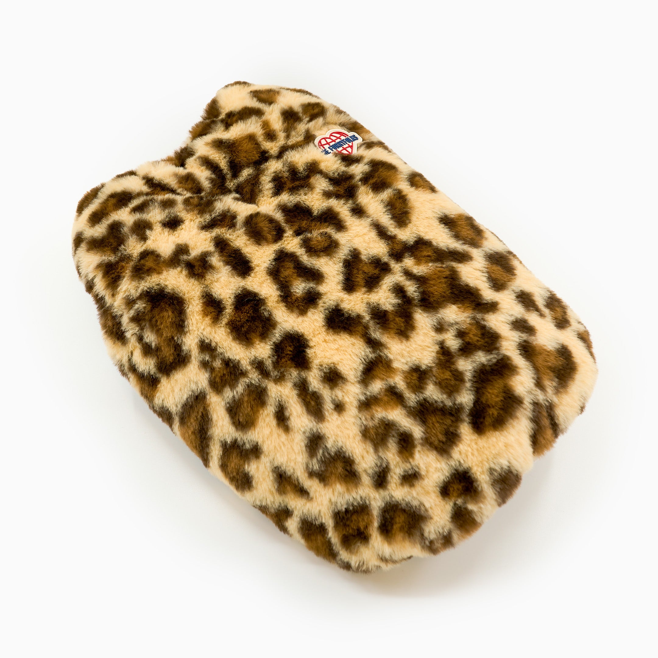 Leopard print hot water bottle cover with a brand logo on a white background