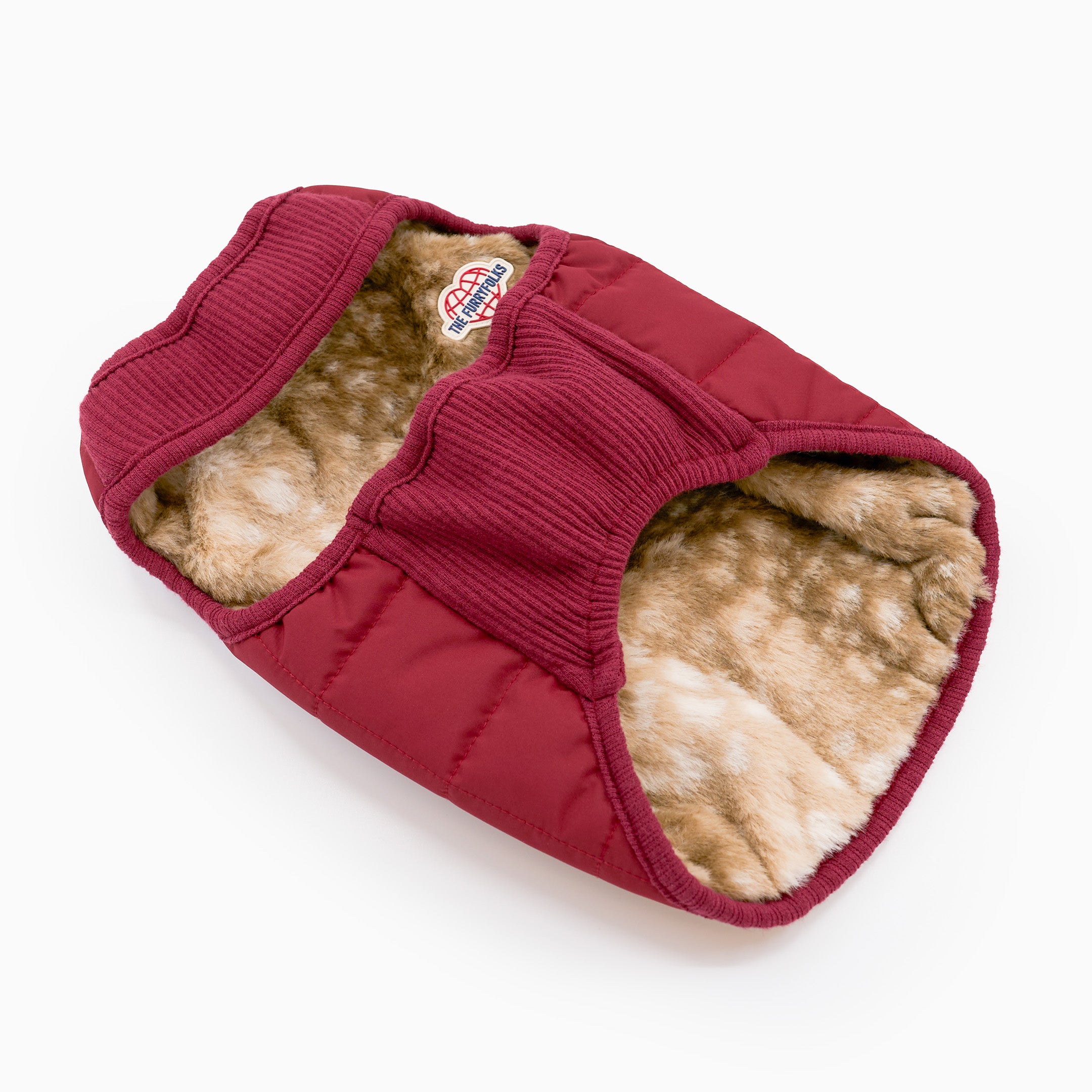 Red pet coat with brown interior on a white background