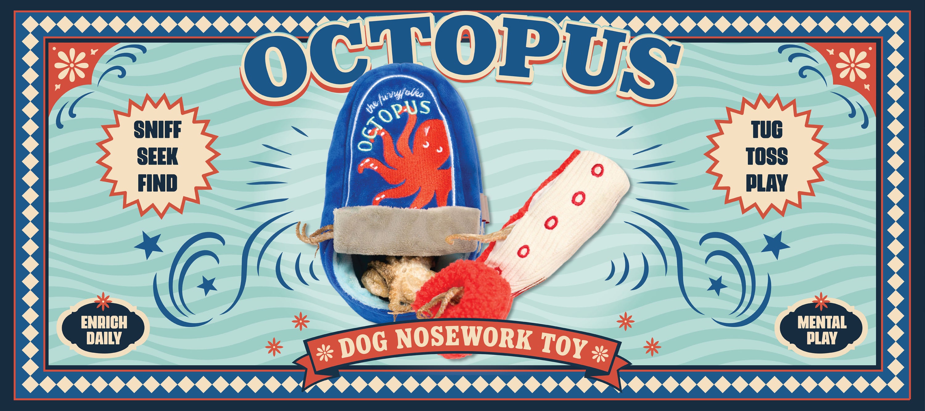 Box packaging for the Octopus Dog Nosework Toy, featuring a vintage-style illustrated label with a blue octopus-shaped toy, a white and red tug toy, and text including 'OCTOPUS', 'SNIFF SEEK FIND', and 'DOG NOSEWORK TOY'.