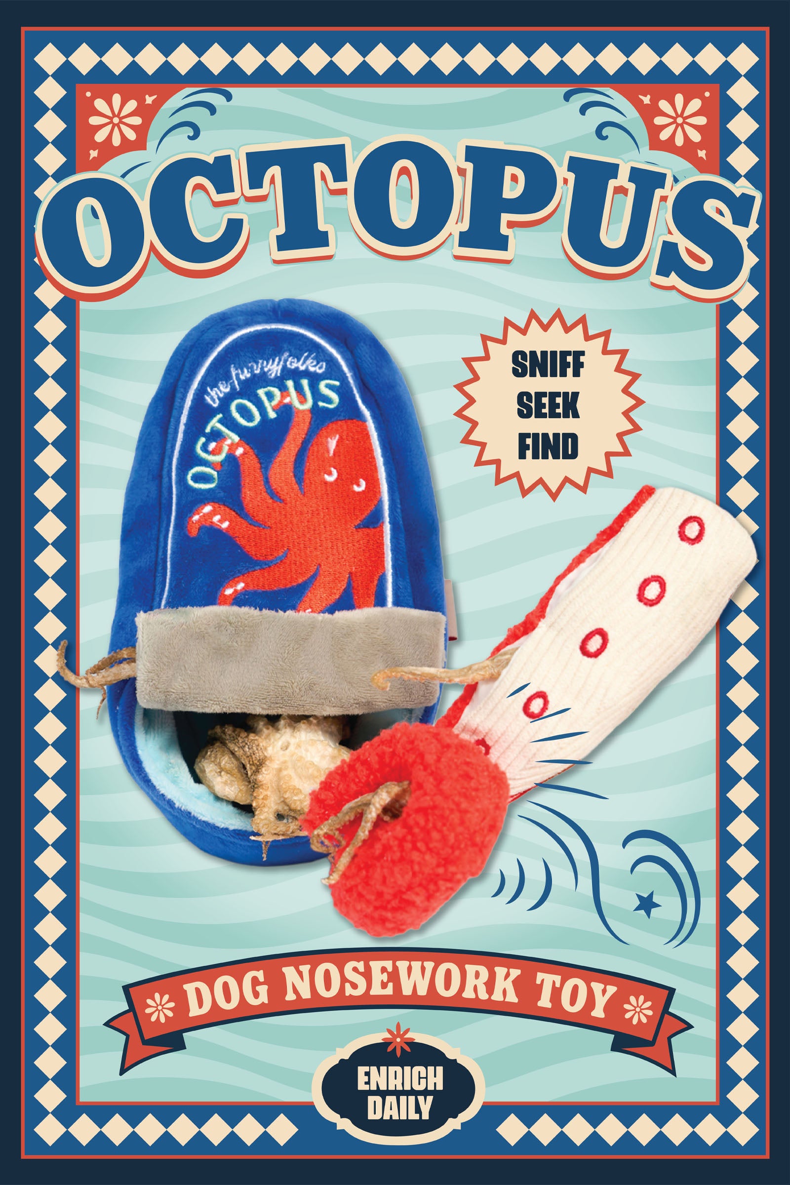 Front cover of the book 'Octopus: Dog Nosework Toy' by Enrich Daily, featuring a vintage-style illustrated design with a blue octopus-shaped dog toy and a red-and-white tail-shaped toy on a light blue background.