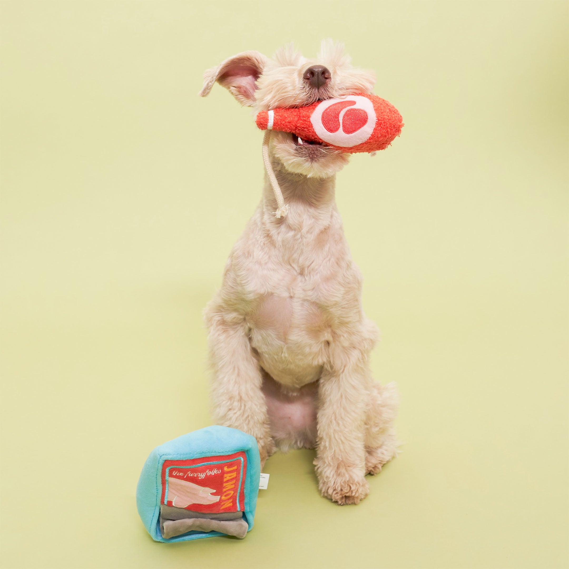 A small, light-colored dog is sitting against a light green background, holding a plush ham leg toy in its mouth. The toy is red with a white design and has a rope attached at the top, mimicking a ham hock. In front of the dog on the ground is a plush toy shaped like a can of jamón (ham), which is blue with a red label featuring a pink pig silhouette and the word “JAMÓN” in yellow.