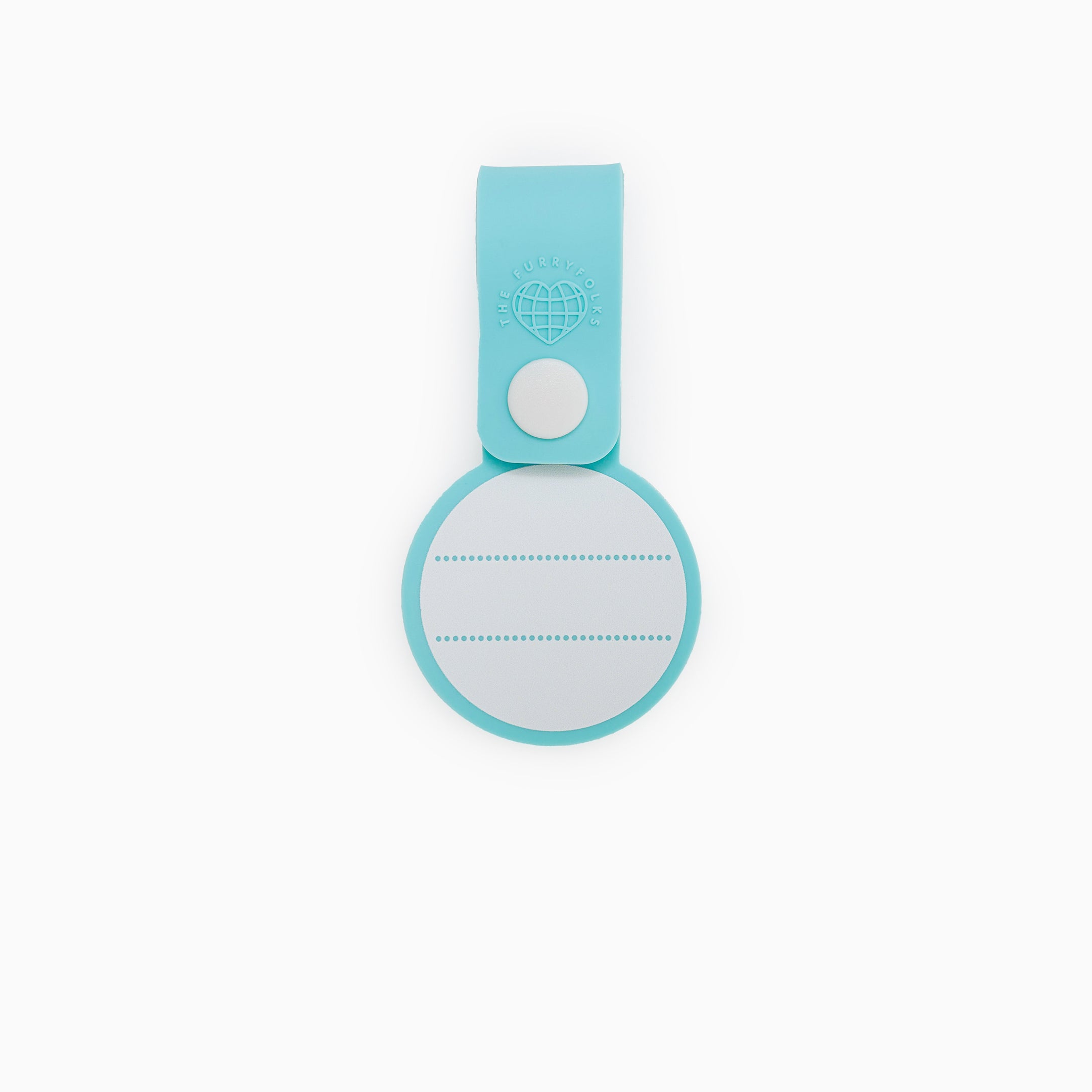 The back of a light blue dog tag with three dotted lines for writing the owner’s name and contact information. The tag is made of non-toxic rubber and features a loop for attaching to a collar or harness, showcasing a simple and functional design.