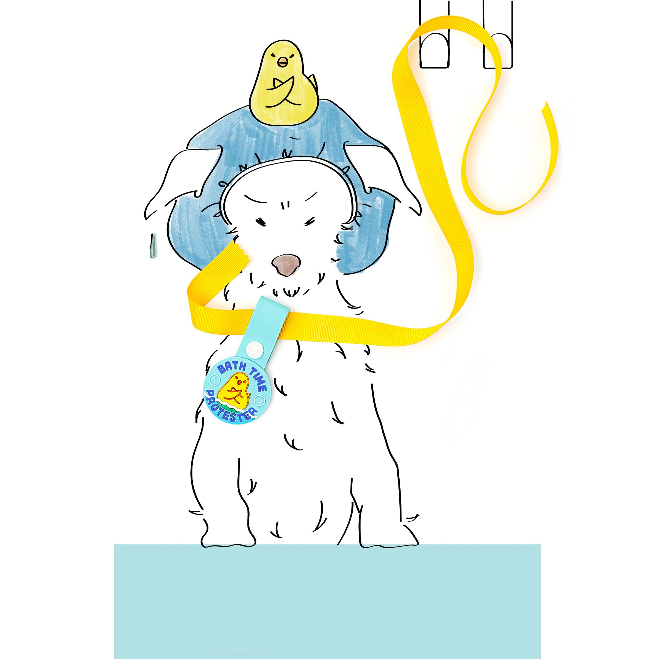 An illustration of a dog wearing a bath cap and a yellow strap with a blue dog tag that reads ‘Bath Time Protester.’ The tag features an illustration of a dog crossing its paws in protest, made of non-toxic rubber. The drawing is playful and fun, showcasing the tag prominently.