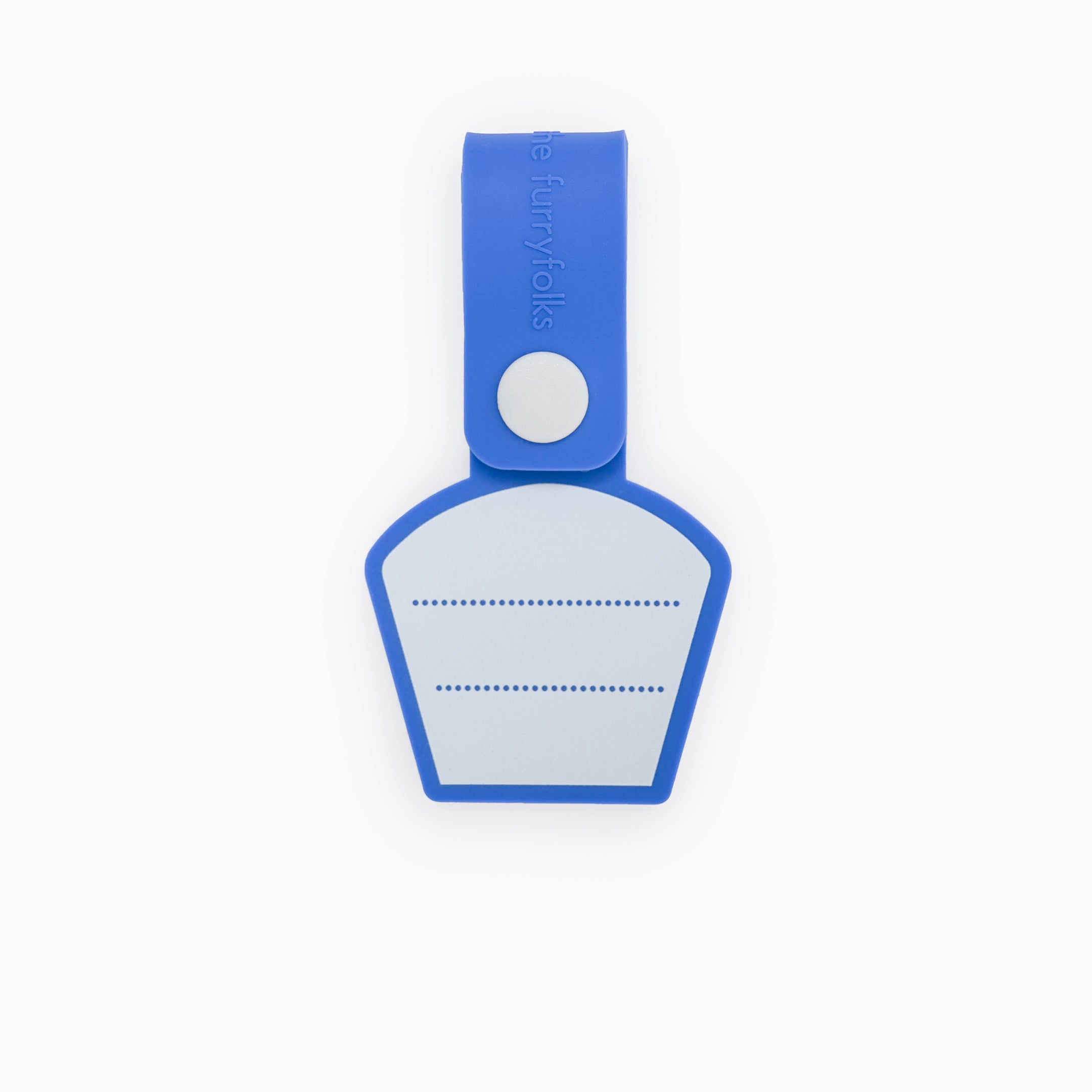 The back of a blue dog tag with three dotted lines for writing the owner’s name and contact information. The tag is made of non-toxic rubber and features a loop for attaching to a collar or harness, showcasing a simple and functional design.