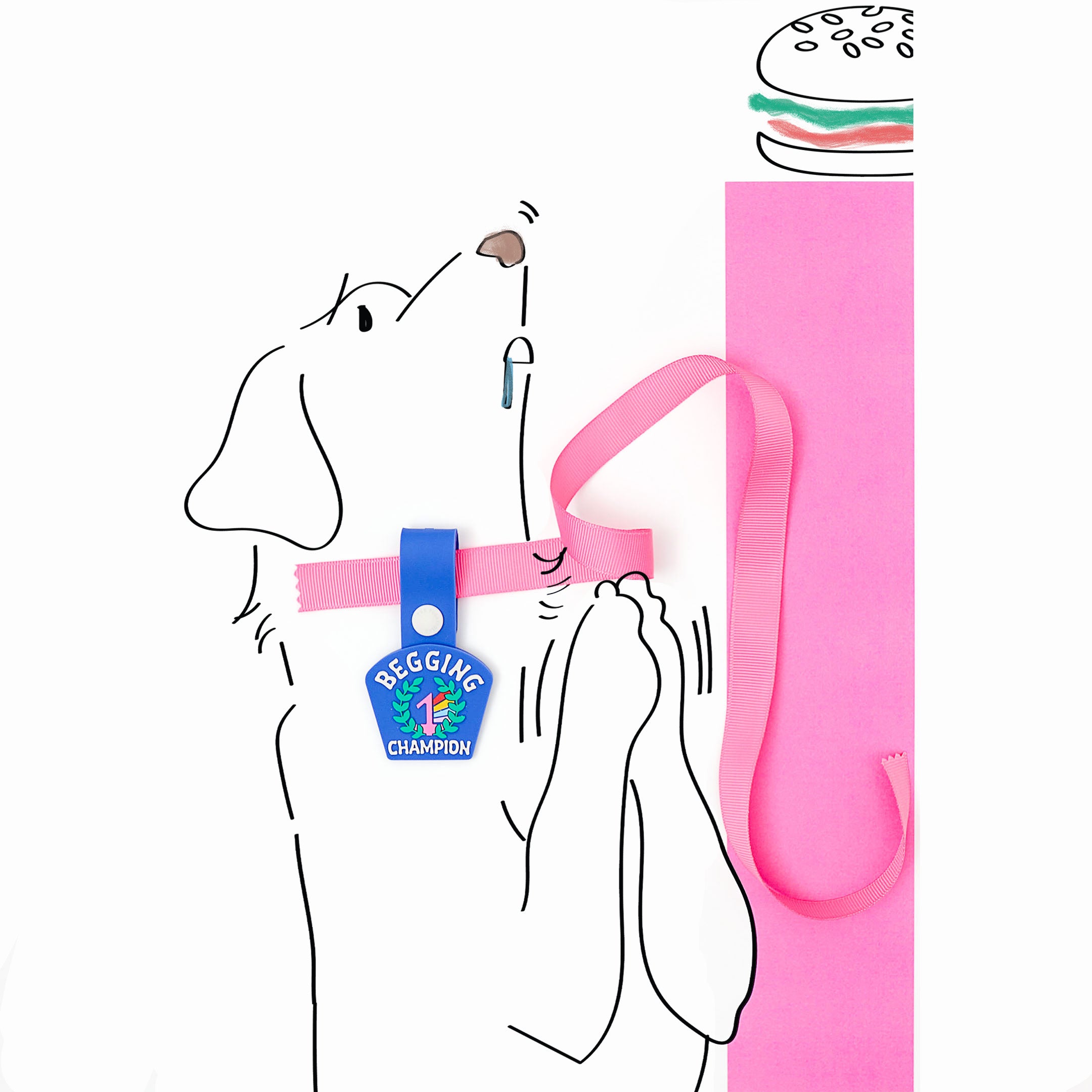 An illustration of a dog with a pink strap and a blue dog tag that reads ‘Begging Champion.’ The tag features an illustration of a number 1 medal surrounded by laurel leaves, made of non-toxic rubber. The dog is depicted begging for a burger, showcasing the playful and fun design of the tag.