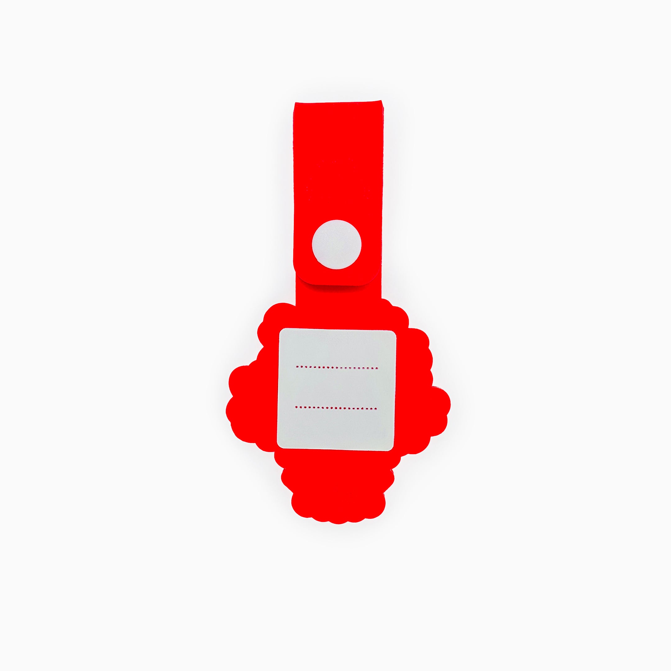 Close-up of a bright red dog tag shaped like a flower bouquet, featuring a blank writable area for pet information, emphasizing the customizable aspect of this vibrant pet accessory.