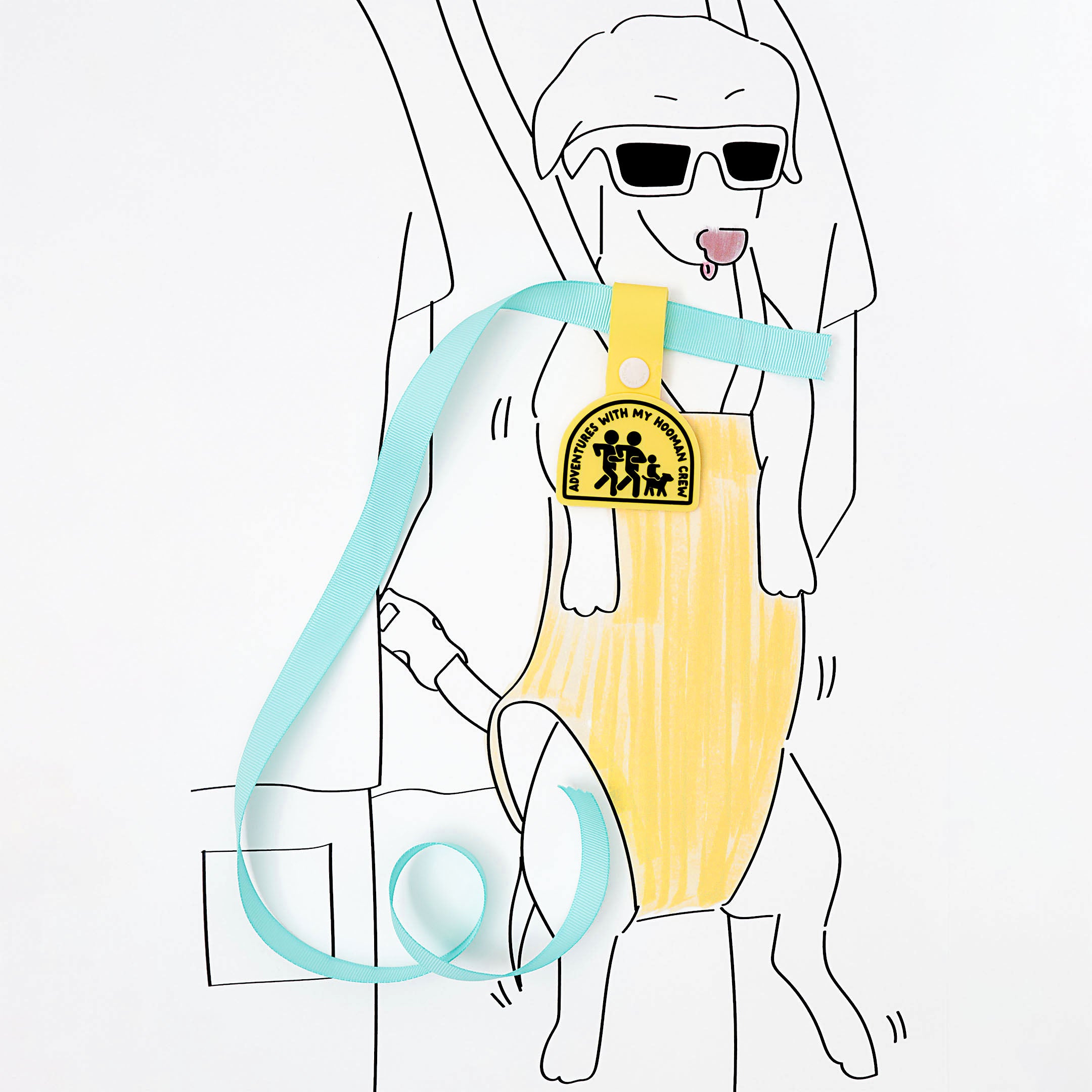 An illustration of a dog wearing sunglasses and a yellow outfit, carrying a blue strap with a yellow dog tag that reads ‘Adventures with My Hooman Crew.’ The tag features an illustration of a human family running with their dog, made of non-toxic rubber. The drawing is playful and fun, showcasing the tag prominently.