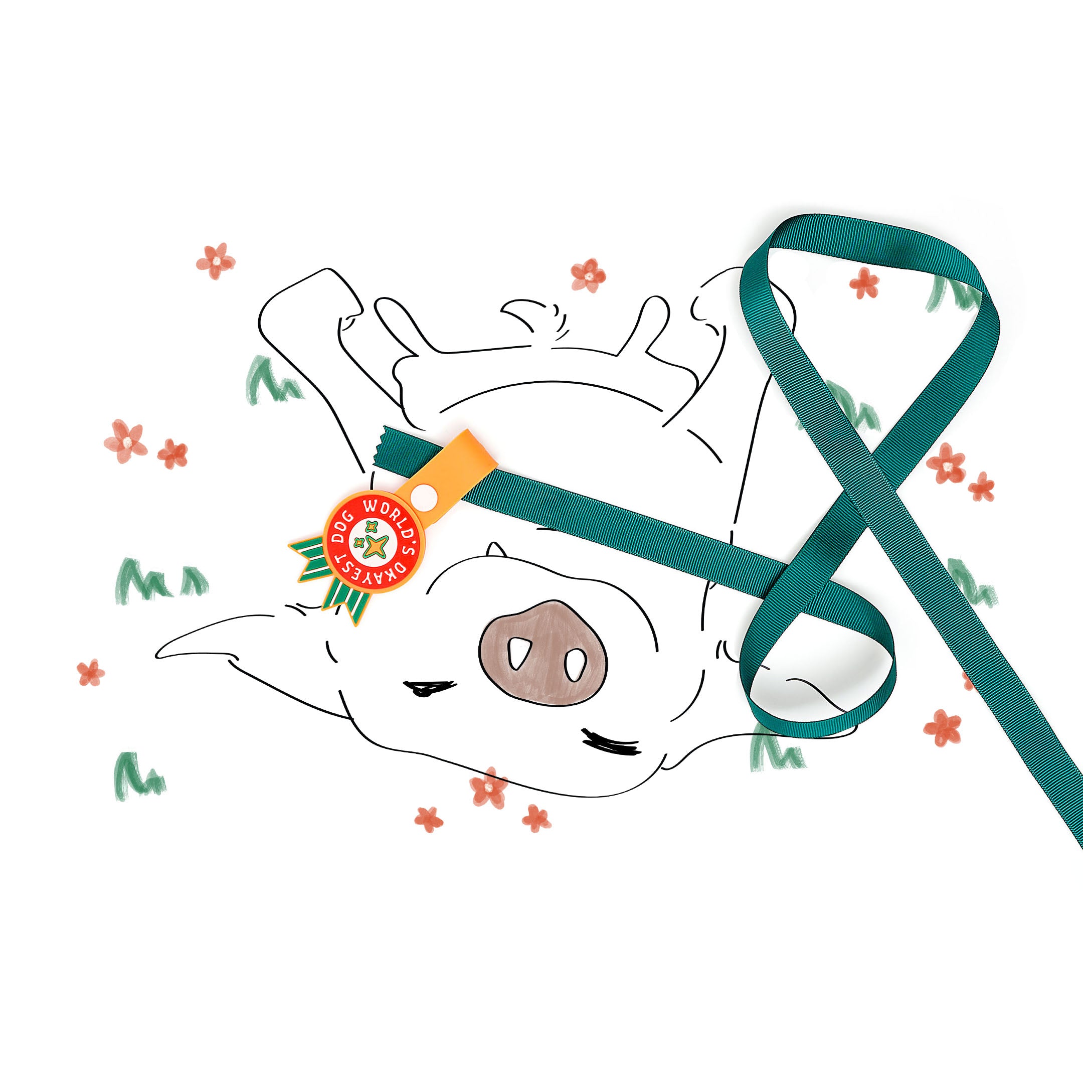 Whimsical illustration of a playful scene featuring a doodled dog surrounded by flowers, with a green strap and a whimsical dog tag. The tag displays the phrase ‘World’s Okayest Dog’ in bold white text on a red background with green ribbons at the bottom and is attached to an orange strap with a white button. This playful tag from The Furryfolks’ Daily Clip product line is made from 100% non-toxic rubber, perfect for adding a humorous touch to your pet’s accessories.