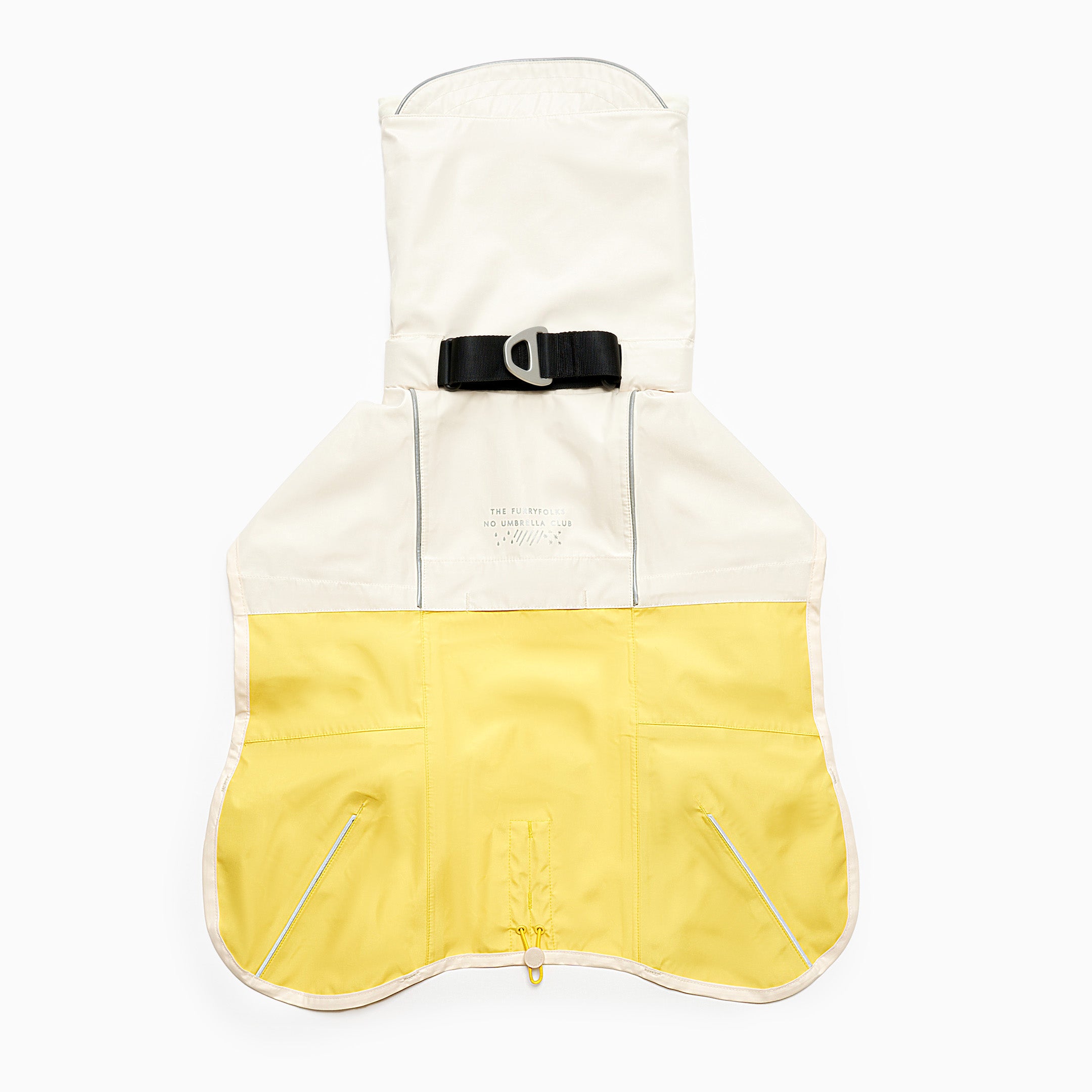 Yellow and white dog raincoat featuring reflective accents and a black buckle for secure fastening. The raincoat has a hood, zipper pockets on the sides, and a loop at the bottom for leash attachment. The text on the back reads “The Furryfolks - No Umbrella Club.