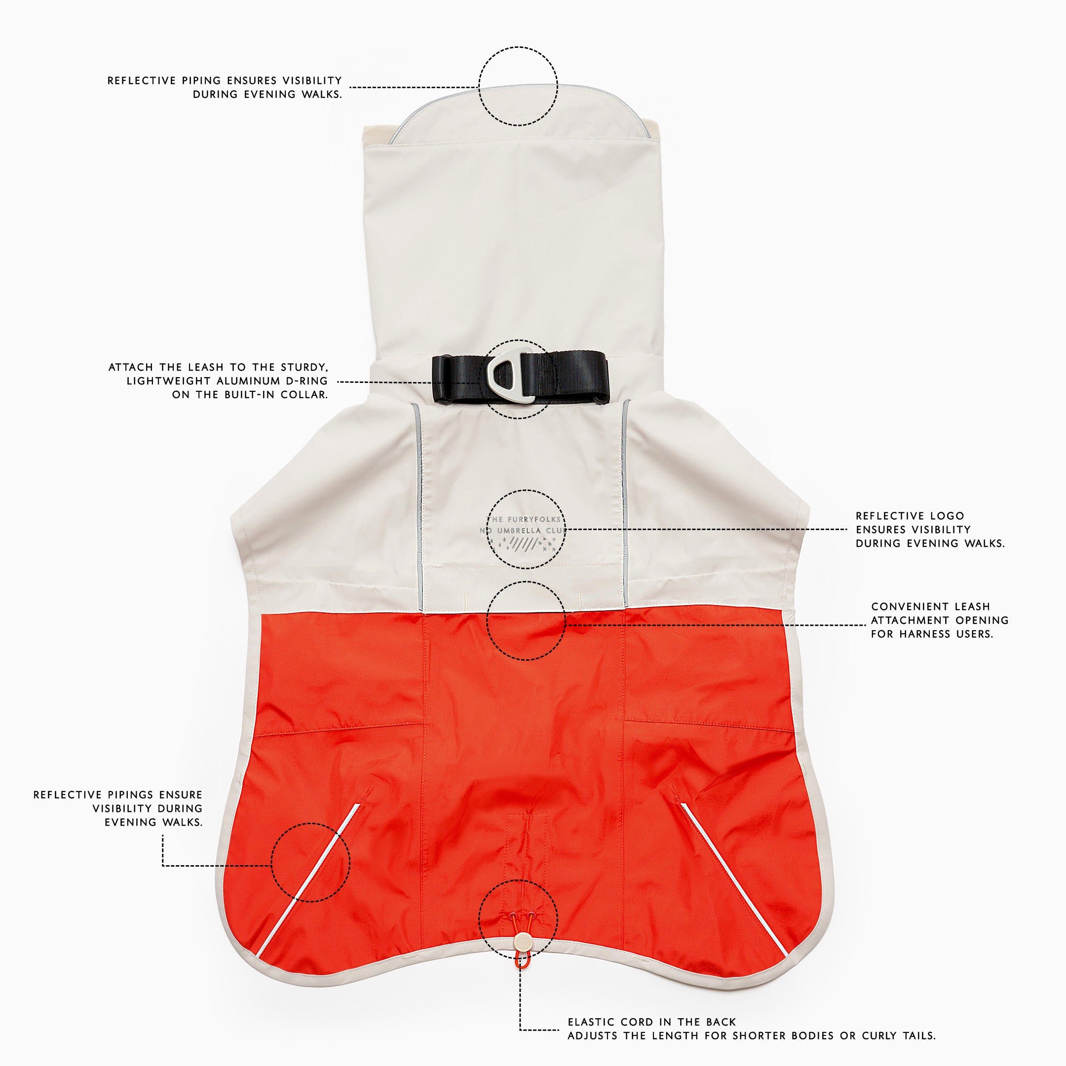 Two-tone dog raincoat in orange and gray, featuring reflective accents, a built-in D-ring for leash attachment, and an elastic cord at the back to adjust length. The raincoat ensures visibility and comfort during walks.